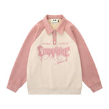 Men Hoodie Color-Block Raglan Sleeves Lapel Sweater Long Sleeve Pullover Polo Collar Loose Top