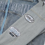 Men Denim Jacket Men's Stitching Embroidered Letters Washed and Worn Denim Jacket