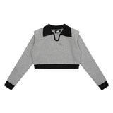 Women Sweater Color Block Short Casual Autumn Long Sleeve Top