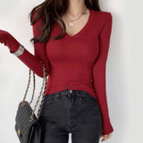 Women Long Sleeve Shirt Skinny Slimming Long Sleeve V-neck Bottoming Shirt