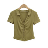 Women T-shirt Fashion Polo Collar Button Short Sleeve T-shirt