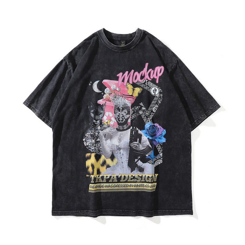 Men's T Shirt Short-Sleeved T-shirt Men's and Women's Washed Old Washed Printing
