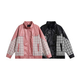 Unisex Jacket Autumn Fashion Plaid Colorblock Leather Coat
