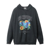 Men Hoodie Washed and Worn Chrysanthemum Printed Hoodie Hip Hop Casual American Style Loose Hand Frayed Hoodies