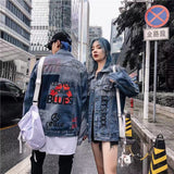 Men Denim Jacket Fashion Brand High Street Design Stitching over Printed Letters Loose Denim Jacket Men Vibe Punk Denim Clothes Jacket