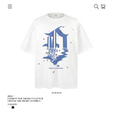 American vintage street T-shirt retro reflection print men's loose half sleeve