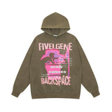 Men Hoodie Character Printed Washed Distressed Hooded Sweater Retro Casual Loose Long Sleeve Hoodie
