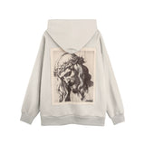 Men Hoodie Retro Figure Patch Decoration Hooded Sweater