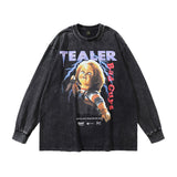Men Long Sleeve Shirt Butterfly Graffiti Printing Vintage Long Sleeve T-shirt Washed and Worn Base