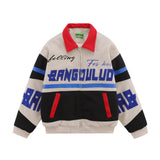 Men Cotton Mixed Jacket Coat Racing Suit Men's Winter Cotton Padded Stitching Embroidery Letters Polo Collar Jacket