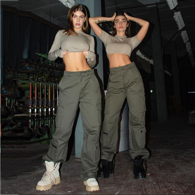 Women Cargo Pants Vintage Zipper Pocket Overalls