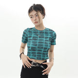 Women T-shirt Short-Sleeved T-shirt Women's Trendy round Neck Plaid Casual
