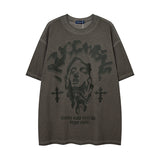 Men T Shirt Vintage Distressed Dark Portrait Wash Couple Short Sleeve T-shirt Men
