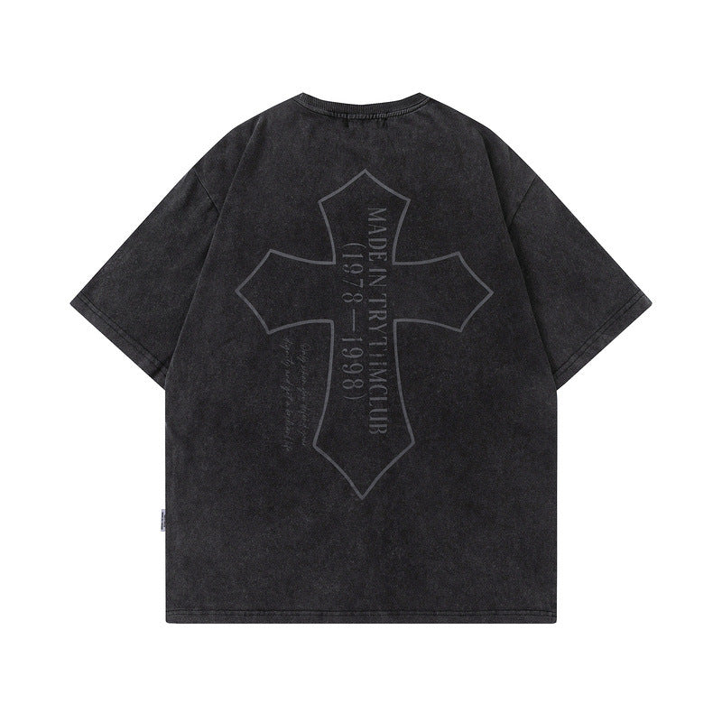 Men T Shirt Printed Worn Looking Washed-out Short-Sleeved T-shirt Men and Women Style Retro