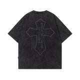 Men T Shirt Printed Worn Looking Washed-out Short-Sleeved T-shirt Men and Women Style Retro
