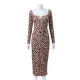 Women Desses Printed Square Collar Long Sleeve Narrow Long Dress