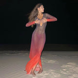 Woman Dresses Spring Printed Mesh V-neck Long-Sleeve Dress