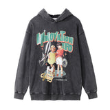 Men Hoodie Cartoon Print Hooded Pullover Hip Hop Loose Worn Washed and Worn Hoodie