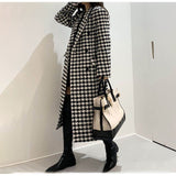 Plaid Trench Coat Autumn Houndstooth Long below the Knee Woolen Coat