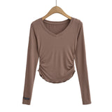 Women T-Shirt Waist Pleated Design V-neck Bottoming Shirt Women's Autumn