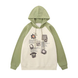 Men Hoodie Science Fiction Pattern Printed Sweater Men's Loose Casual Contrast Color Stitching Raglan Sleeve Hooded