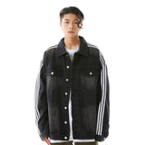 Men Denim Jacket Washed and Worn Denim Jacket Men's Loose Casual Striped Long Sleeve