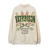 Men Hoodie Rose Flower Letter Print Sweatshirt Men's Loose Lapels Half Zip Pullover