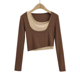 Women T-Shirt Long-Sleeved T-shirt Women's Short Contrast Color Top