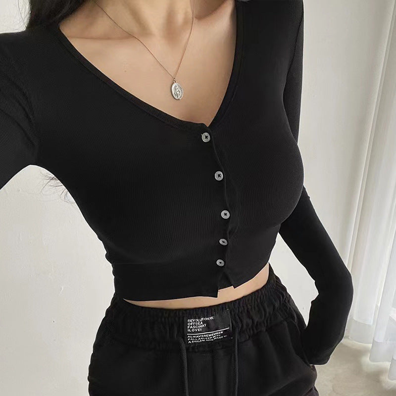 Women Long Sleeve Shirt Short V-neck Cardigan Base Shirt