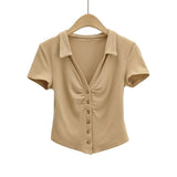 Women T-shirt Fashion Polo Collar Button Short Sleeve T-shirt