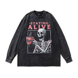 Men Long Sleeve Shirt Skull Print Long Sleeve T-shirt Men and Women Distressed Top