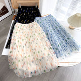 Women Skirt Printed Floral Gauzy Skirt High Waist