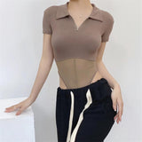Women T-Shirt Spring/Summer Lapel Mesh Stitching Fashion Tight