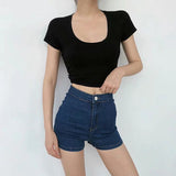 Women T-shirt Summer High Waist T-shirt Short Cotton Top