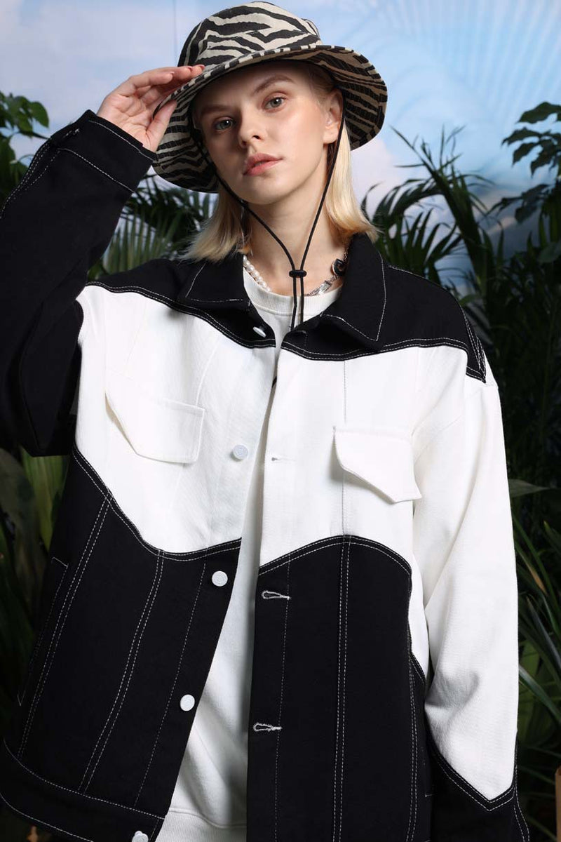 Unisex Jacket Autumn Black and White Contrast Color Twill Coat Women's Clothing
