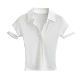 Women T-Shirt Slim Polo Collar Short Sleeve T-shirt Female Summer Patchwork Top