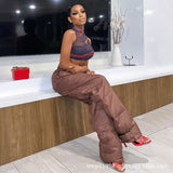 Women Cargo Pants Retro Pants Elastic Pocket Low Waist Trousers