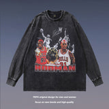 Men Long Sleeve Shirt Rodman Portrait Printing Washed Long Sleeve T-shirt Men's and Women's Vintage Bottoming Shirt Autumn