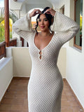 Women Sweater Dress Hollow Sexy Long Skirt Knitted Tight Long Sleeve Autumn and Winter