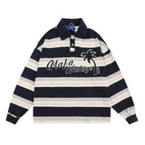 Men Hoodie Loose Long Sleeve Polo Shirt Casual Striped Embroidered Letter Lapel Pullover Sweater