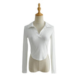 Women T-Shirt Autumn Stretch Threaded Long Sleeve T-shirt Short