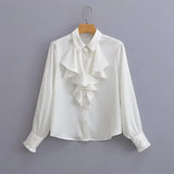 Women T-Shirt Shirt Women's Spring Single-Breasted Petal Long Sleeve Lapel Shirt