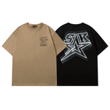 Men T Shirt Five-Pointed Star Letter Print Couple Half Sleeve T-shirt Vintage Distressed Short Sleeve