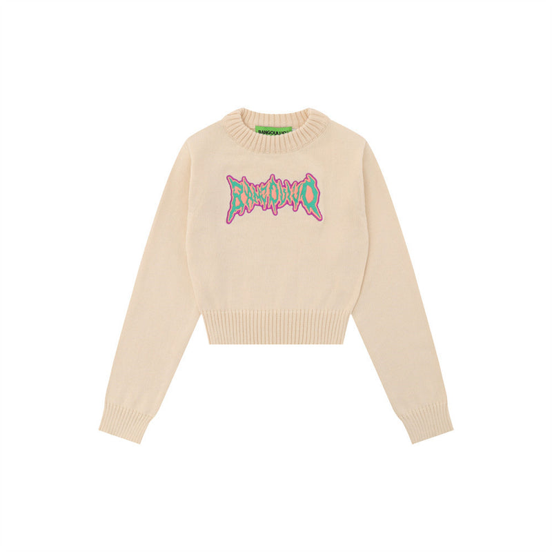 Women Sweater Embroidery Short Sweater Women's Casual round Neck Sweater