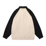 Men Hoodie Color-Block Raglan Sleeves Lapel Sweater Long Sleeve Pullover Polo Collar Loose Top