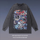 Men Long Sleeve Shirt Japanese Anime Print Vintage Long Sleeve T-shirt Men and Women Street Washed Distressed