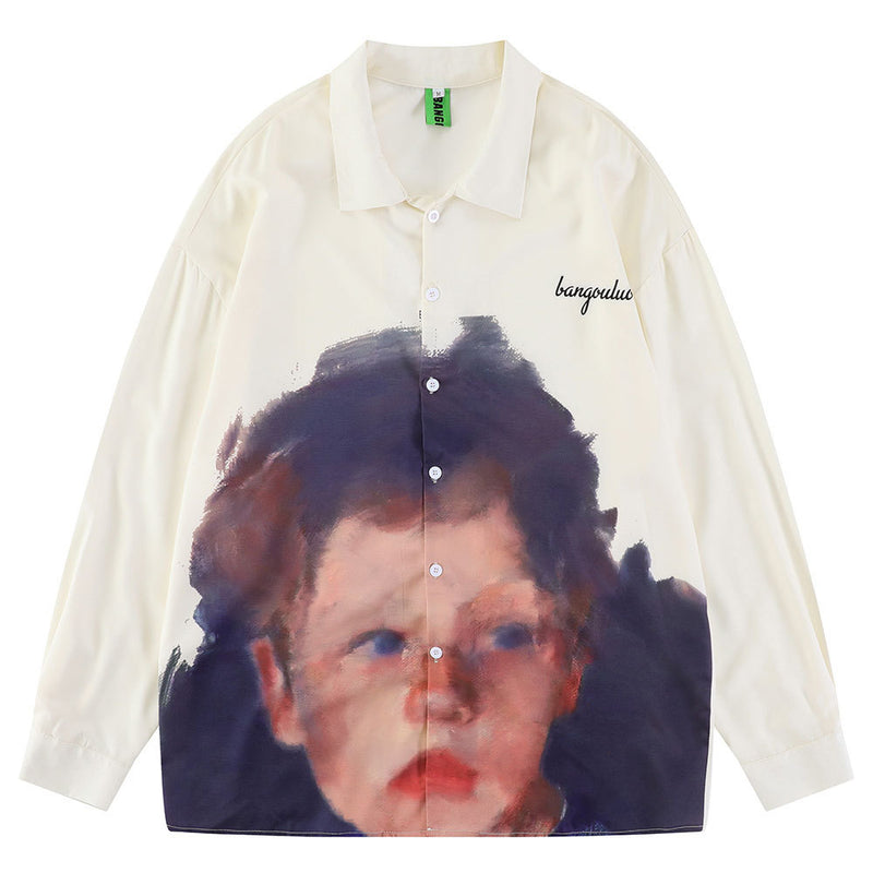 Men Long Sleeved T Shirt Printed Long Sleeve Shirt Men's Ins Loose Casual Portrait