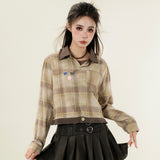 Women Long Sleeve Shirt Color Matching Plaid Short Long Sleeve Shirt Women's Coat
