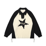 Men Hoodie Five-Pointed Star Embroidered Sweater Men's Loose Color Contrast Patchwork Lapel