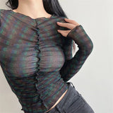 Women T-Shirt Long Sleeve Bottoming Shirt Personality Mesh Sun-Protective Clothing